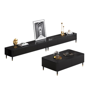 电视柜落地茶几组合高55cm客厅家用现代简约黑色岩版实木电视机柜
