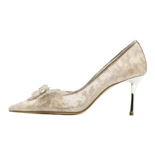 蹀愫新中式婚鞋蕾丝尖头高跟鞋钻蝴蝶单鞋TA65101-81