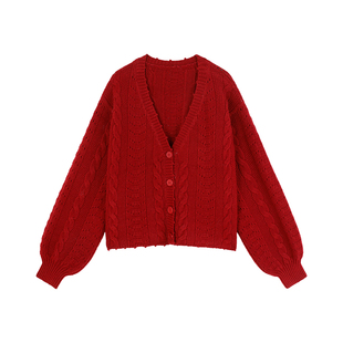 姜雯'佛洛依德'独特超好看短款宽松新款手工钩花红色毛衣开衫女冬