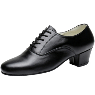 跳舞鞋男拉丁舞鞋成人真皮直板底中跟室外头层牛皮广场舞蹈鞋国标