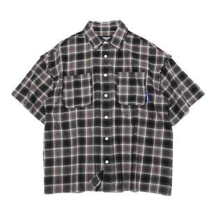 ABSURD LOGIC 荒诞逻辑 原创设计做旧毛边拼接法兰绒格子短袖衬衫