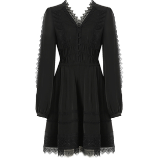 DPLAY【黑标】年秋季新款黑色连衣裙女短款蕾丝裙子长袖短