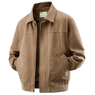 春秋季水洗纯棉休闲宽松夹克男士时尚大码宽松中年翻领外套爸爸装