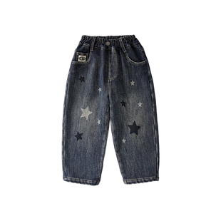 皇室童缘男童星星印花牛仔裤冬季2026新款儿童加绒加厚百搭直筒裤