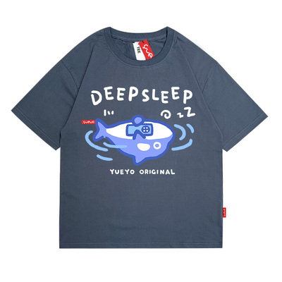 悦游 deep sleep深度睡眠夏季虎鲸潮牌日系落肩短袖T恤男纯棉宽松