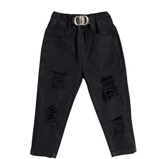 男童春秋款长裤宝宝穿黑白色破洞款裤子2023新款洋气修身版带弹力