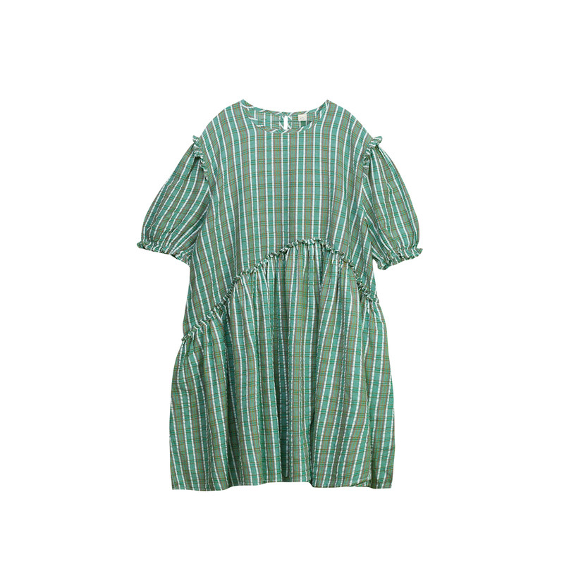 宽松格子裙夏装女童绿色连衣裙
