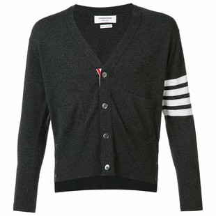 [12期免息]THOM BROWNE 男士经典四条纹羊绒V领针织开衫