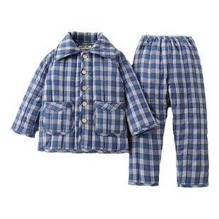 儿童冬季纯棉保暖家居服套装男童女童手工三层夹棉翻领加厚棉睡衣
