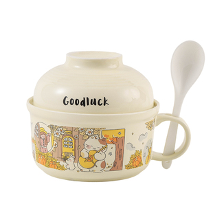 泡面碗学生用宿舍带盖陶瓷碗个人专用饭盒食堂打饭手柄面碗筷套装