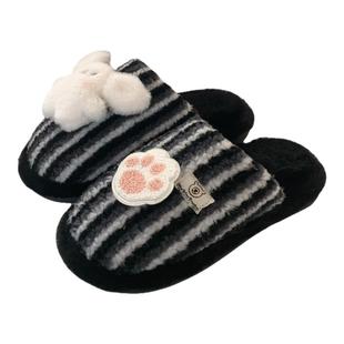细细条 买一送一情侣家用撞色条纹毛毛鞋趣味小兔爪子棉拖鞋男女