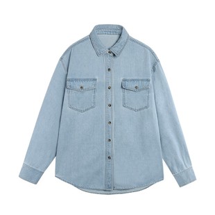 NEVA HU 时髦调性 复古牛仔衬衫女港风宽松休闲长袖衬衣外套上衣