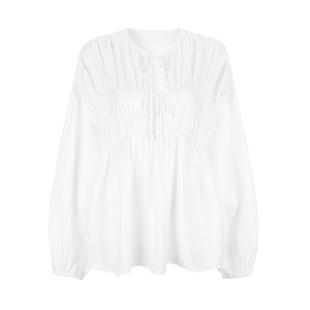 Bettychow 不一样的法国亚麻褶皱上衣白色薄荷绿系带长袖通勤衬衫