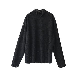 T7638C 气质休闲甜美镂空蕾丝半高领打底衫T恤女宽松简约米兰宣言