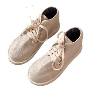 村匠纯手工布鞋千层底女高帮系带平底鞋圆头透气吸汗防臭脚休闲鞋