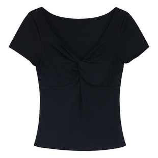 pusumede 淡颜懒人 设计感V领扭结短袖T恤女修身气质针织正肩上衣
