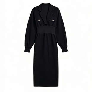 气质v领黑色连衣裙女长袖秋冬收腰法式高级感设计显瘦独特小黑裙