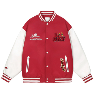 GUUKA美式风红色棒球棉服女款冬季加厚 刺绣棉衣拼接PU皮外套落肩