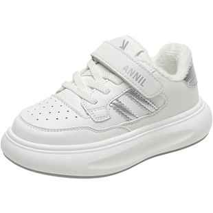 安奈儿小白鞋男童2025冬季新款加绒二棉鞋儿童运动鞋女童白色板鞋