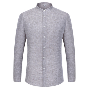 新款100%全亚麻休闲立领长袖衬衫男宽松透气可机洗高端中式衬衫