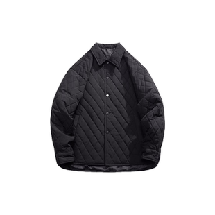 秋冬菱形格轻薄棉衣男美式休闲外套高街港风男女加棉衬衣薄棉外套