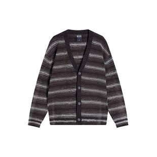 USHI悠时 文艺风撞色条纹休闲时尚V领针织开衫男