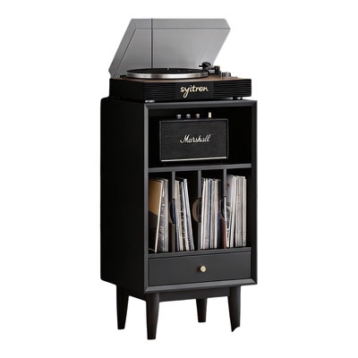 实木黑胶唱片机收纳柜LP唱机柜杂志高级白蜡木唱片柜架子适用嘿哟