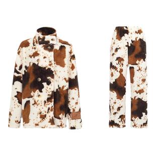 RooMance汝曼司咖棕奶牛纹加厚珊瑚绒睡衣男女冬季款可外穿家居服