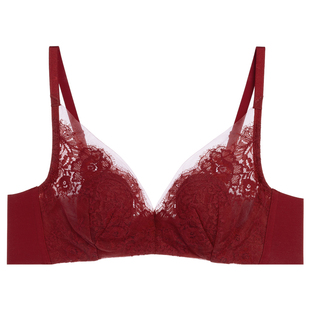 爱慕光羽蕾丝红色本命年花瓣内衣女3/4薄杯隐孔蕾丝大胸显小文胸