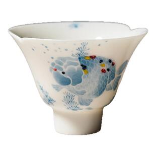 里作景德镇青花手绘胖头鱼花口茶杯高颜值手工品茗杯功夫茶具单杯