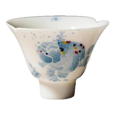 里作景德镇青花手绘胖头鱼花口茶杯高颜值手工品茗杯功夫茶具单杯