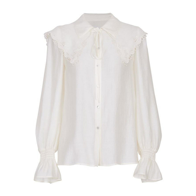 婉甸奶油白长袖衬衫荷叶蕾丝边领