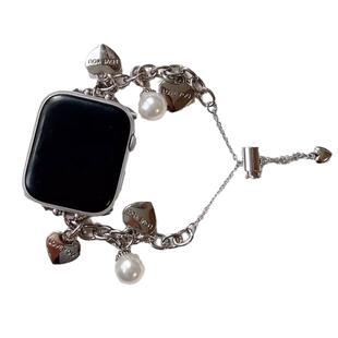 适用苹果AppleiWatch7手表带SE金属女高级小香风珍珠链s8华强北s9