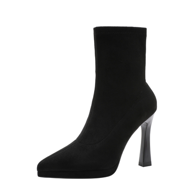 黑色绒面高跟防水台短靴瘦瘦靴