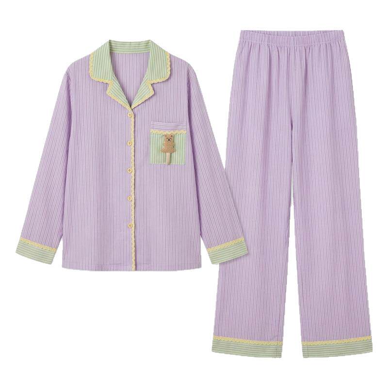 条纹拼色睡衣女长袖家居服套装