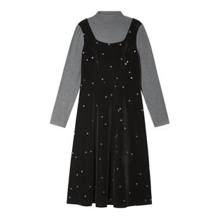 诗篇专选高弹针织拼接假两件星星烫银光泽感丝绒连衣裙冬款