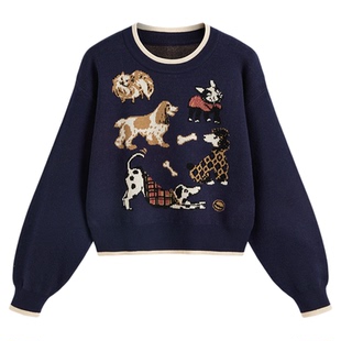 CIDER 撞色镶边短款小狗图案针织圆领毛衣女装104172166