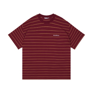 WassupHouse条纹刺绣短袖t恤男美式复古宽松撞色纯棉情侣上衣吸湿