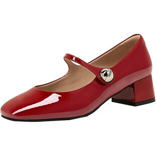 [丁儿同款]康莉商场新款漆皮复古银色玛丽珍鞋女春秋真皮粗跟单鞋