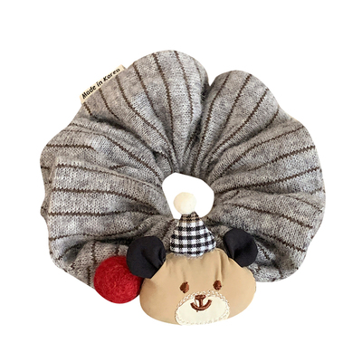 韩系可爱灰色条纹针织小熊发圈女