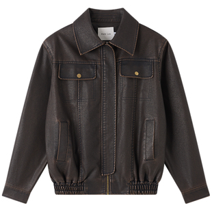 Halo Luu美式痞帅棕色皮衣外套女春季韩系洗褪做旧复古短款皮夹克