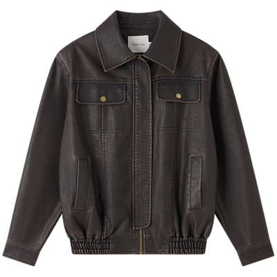 HaloLuu美式痞帅棕色皮衣夹克