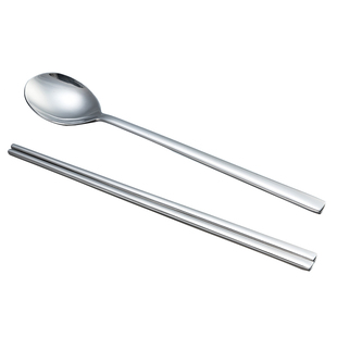 韩国餐具430不锈钢筷勺韩式实心扁筷勺套装料理店用长柄定制LOGO