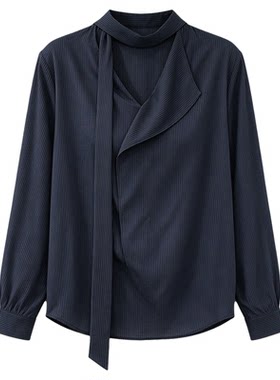 复古飘带V领条纹衬衫女欧货上衣