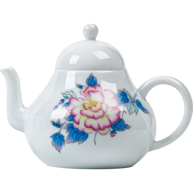 三点甜白釉上彩手绘牡丹壶承茶杯