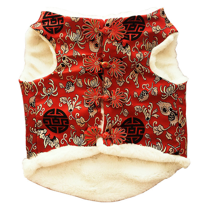 法斗衣服秋冬装新年加厚款红色唐装汉服巴哥宠物狗狗衣服棉马甲绒