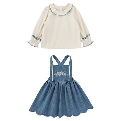 幼悠女童春季新款复古娃娃领衬衫牛仔背带裙儿童森系田园省心套装