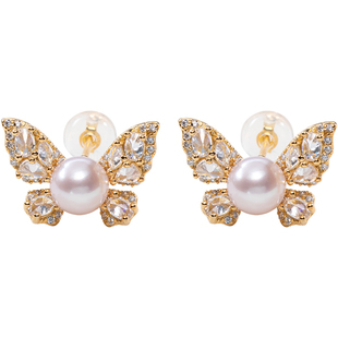 南珠宫蝴蝶925银海水珍珠耳环耳钉简约百搭E018SN