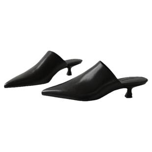 InkingPot彭姐 INS风尖头小猫跟显瘦穆勒拖鞋简约软牛皮包头拖鞋