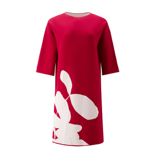 GL2026春季新款裙子女撞色花朵提花圆领七分袖针织连衣裙02465556